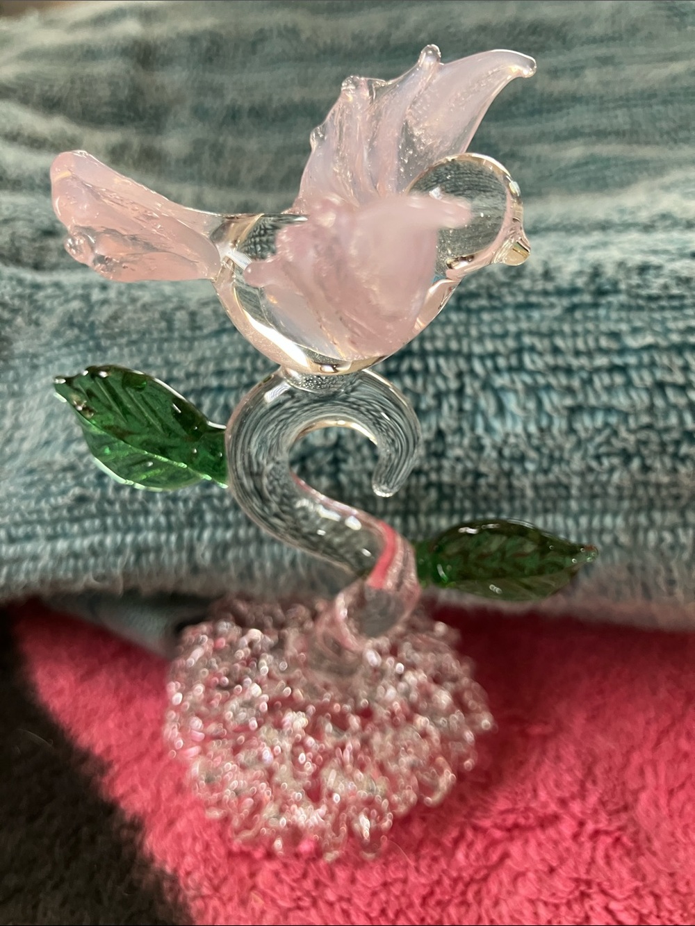 Hand Crafted Pink and Green Glass Flower Sculpture